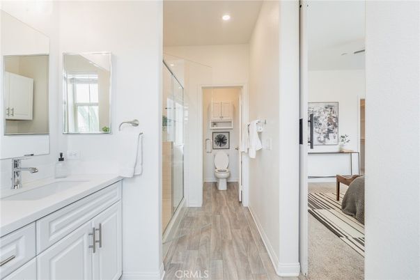 Bathroom, Glass Shower, Interior, Recessed Lighting, Wood Texture Flooring