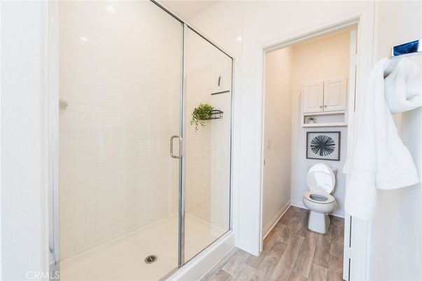 Bathroom, Glass Shower, Interior, Wood Texture Flooring