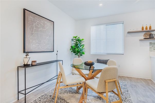 Dining room, Interior, Recessed Lighting, Wood Texture Flooring