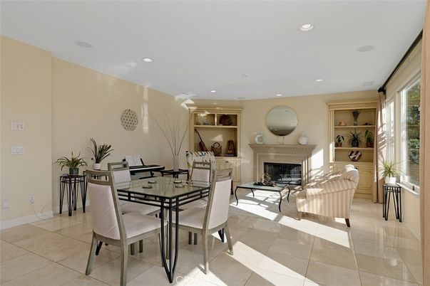Dining room, Fireplace, Interior, Recessed Lighting