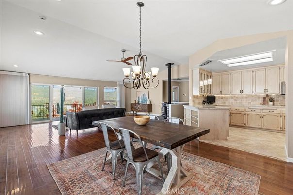 Chandelier, Dining room, Interior, Kitchen, Living room, Recessed Lighting, Wood Texture Flooring
