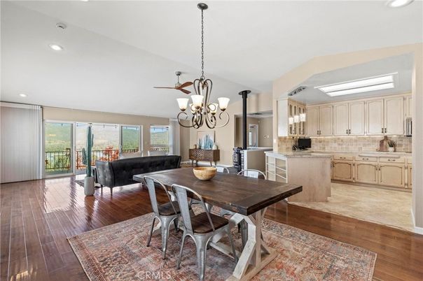 Chandelier, Dining room, Interior, Kitchen, Living room, Recessed Lighting, Wood Texture Flooring