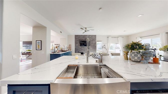 Fireplace, Interior, Kitchen, Recessed Lighting, Stone Walls