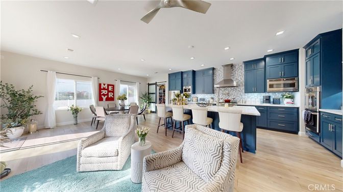 Dining room, Interior, Kitchen, Living room, Recessed Lighting, Stainless Steel Appliances, Wood Texture Flooring