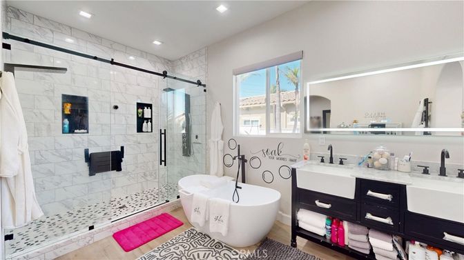 Bathroom, Dual Sink Vanities, Free Standing Baths, Glass Shower, Interior, Marble Walls, Recessed Lighting