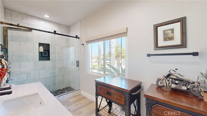 Bathroom, Glass Shower, Interior, Recessed Lighting, Wood Texture Flooring