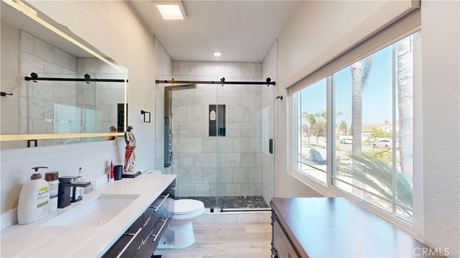 Bathroom, Glass Shower, Interior, Recessed Lighting, Wood Texture Flooring