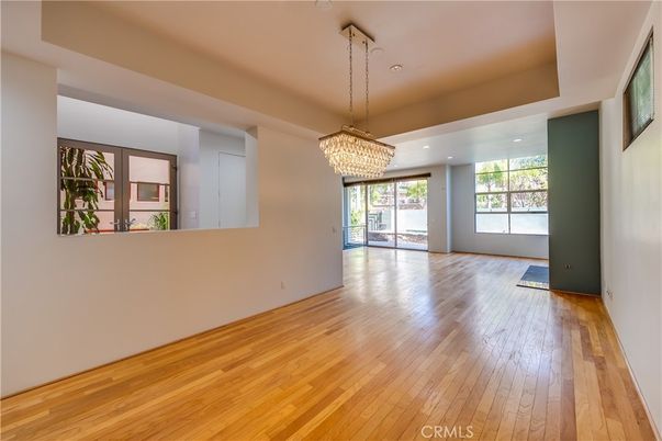 Chandelier, Empty room, Interior, Recessed Lighting, Wood Texture Flooring