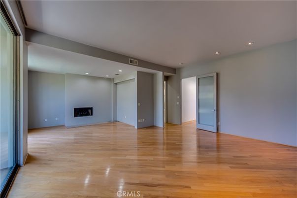 Empty room, Fireplace, Interior, Recessed Lighting, Wood Texture Flooring