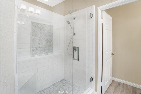 Bathroom, Glass Shower, Interior, Wood Texture Flooring