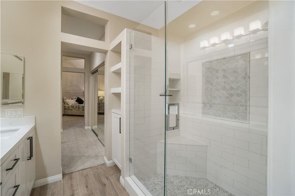 Bathroom, Bedroom, Glass Shower, Interior, Walk-in Closets, Wood Texture Flooring