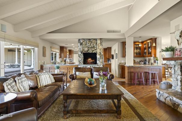 Fireplace, Interior, Kitchen, Living room, Pendant Lights, Recessed Lighting, Stone Walls, Wood Texture Flooring