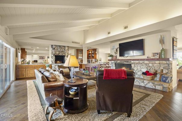 Fireplace, Interior, Kitchen, Living room, Recessed Lighting, Stone Walls, Wood Texture Flooring