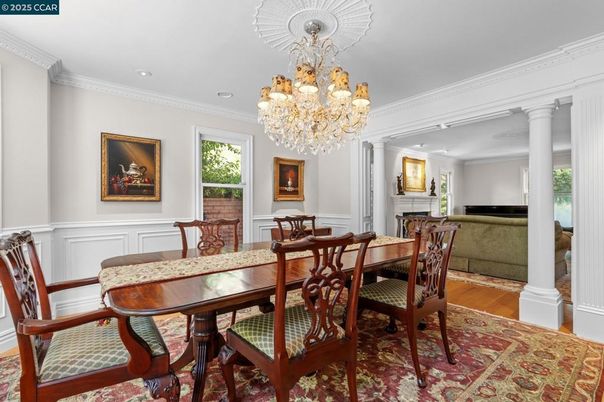 Chandelier, Dining room, Fireplace, Interior, Recessed Lighting, Wood Texture Flooring