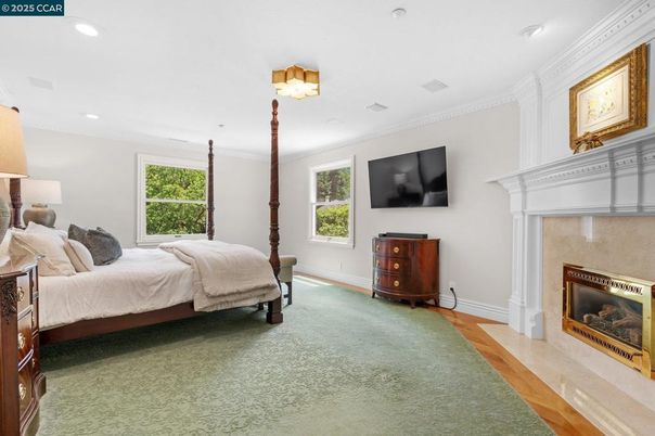 Bedroom, Fireplace, Interior, Recessed Lighting, Wood Texture Flooring