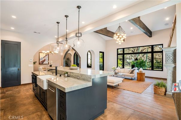 Chandelier, Interior, Kitchen, Living room, Pendant Lights, Recessed Lighting, Wooden Beams, Wood Texture Flooring