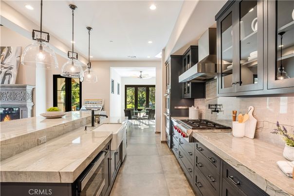 Dining room, Fireplace, Interior, Kitchen, Pendant Lights, Recessed Lighting, Stainless Steel Appliances
