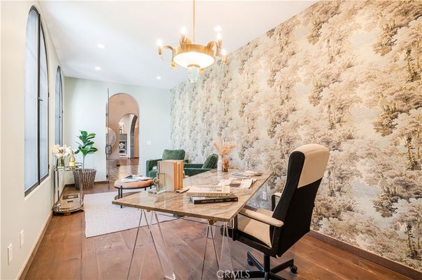 Chandelier, Home Office, Interior, Pendant Lights, Recessed Lighting, Wood Texture Flooring
