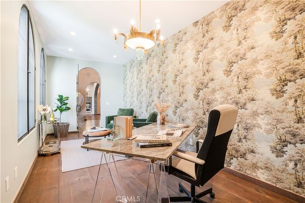 Chandelier, Home Office, Interior, Pendant Lights, Recessed Lighting, Wood Texture Flooring