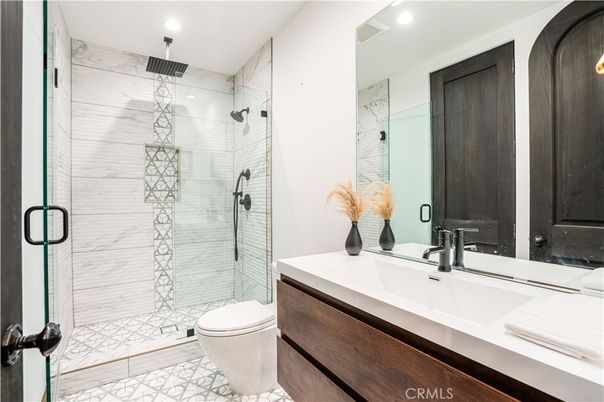 Bathroom, Glass Shower, Interior, Marble Walls, Recessed Lighting