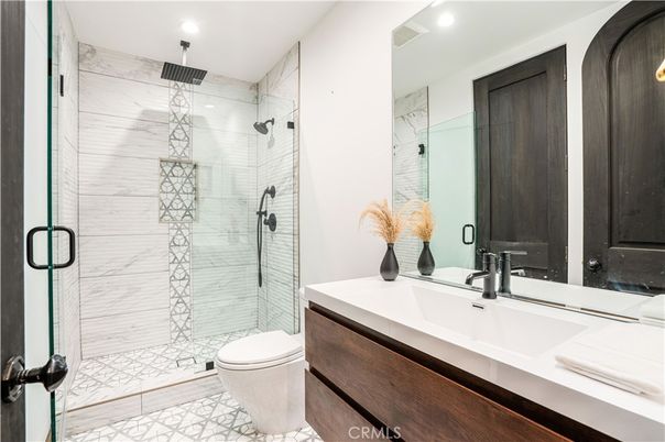 Bathroom, Glass Shower, Interior, Marble Walls, Recessed Lighting