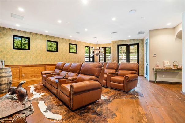 Home Theatre Room, Interior, Living room, Pendant Lights, Recessed Lighting, Theatre Room, Wood Texture Flooring