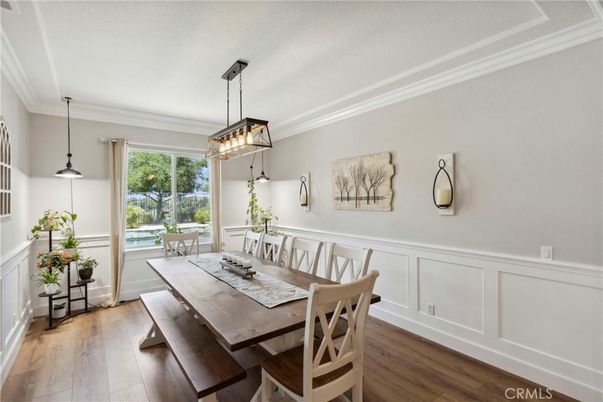 Dining room, Interior, Pendant Lights, Wood Texture Flooring