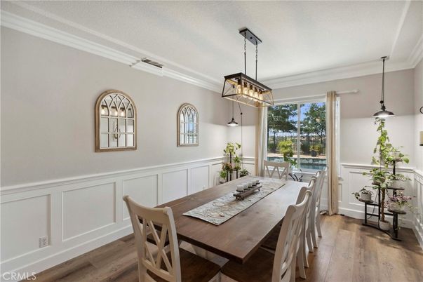 Dining room, Interior, Pendant Lights, Wood Texture Flooring