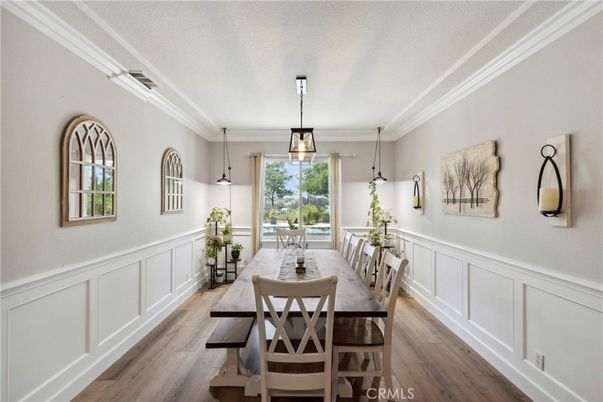 Dining room, Interior, Pendant Lights, Wood Texture Flooring