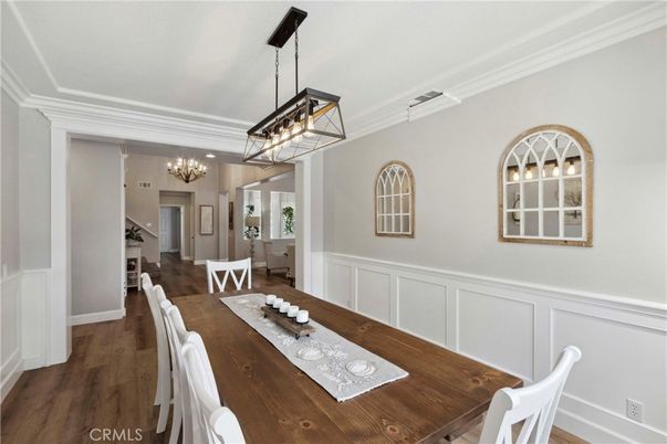 Chandelier, Dining room, Interior, Pendant Lights, Wood Texture Flooring