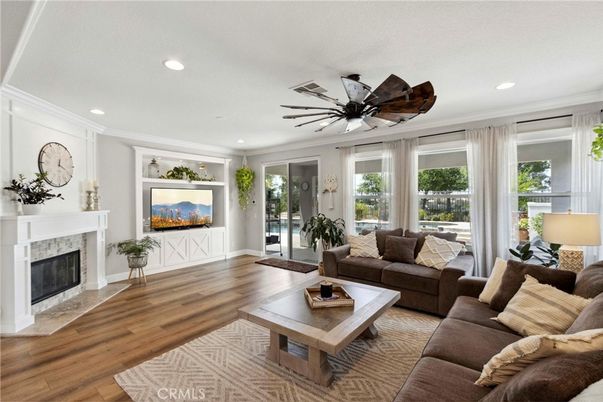Fireplace, Interior, Living room, Recessed Lighting, Wood Texture Flooring