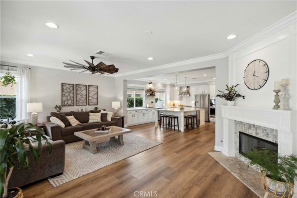 Fireplace, Interior, Kitchen, Living room, Pendant Lights, Recessed Lighting, Wood Texture Flooring