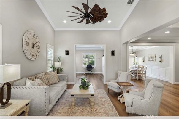 Dining room, Interior, Living room, Recessed Lighting, Wood Texture Flooring