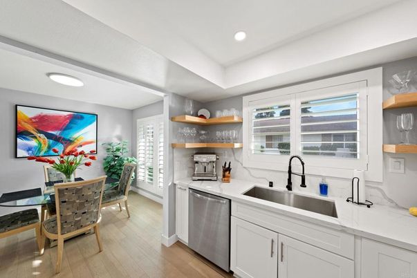 Dining room, Interior, Kitchen, Recessed Lighting, Stainless Steel Appliances, Wood Texture Flooring