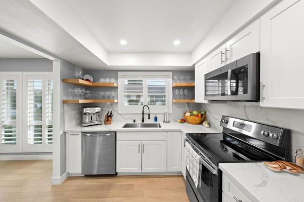 Interior, Kitchen, Recessed Lighting, Stainless Steel Appliances, Wood Texture Flooring
