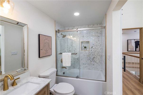 Bathroom, Glass Shower, Interior, Recessed Lighting, Wood Texture Flooring