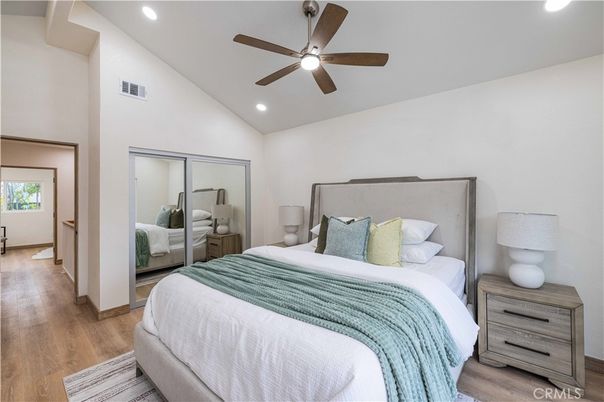 Bedroom, Interior, Recessed Lighting, Wood Texture Flooring