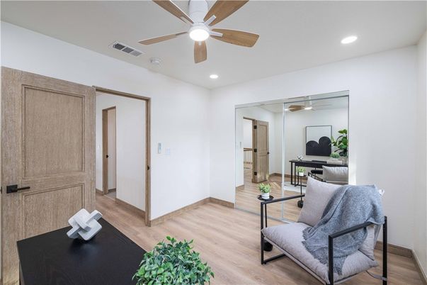 Home Office, Interior, Recessed Lighting, Wood Texture Flooring