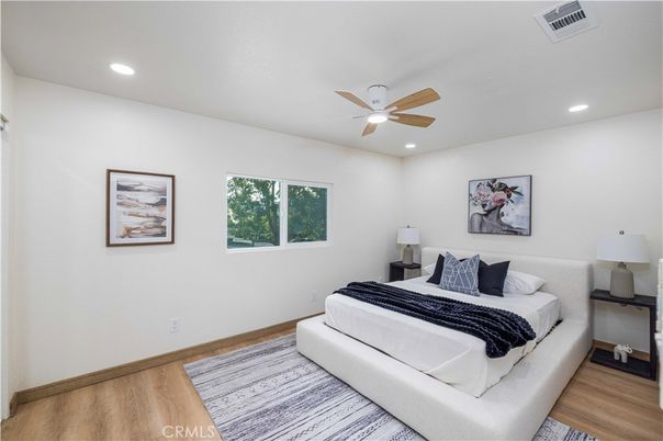 Bedroom, Interior, Recessed Lighting, Wood Texture Flooring