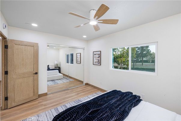 Bedroom, Interior, Recessed Lighting, Wood Texture Flooring