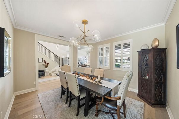 Dining room, Interior, Pendant Lights, Wood Texture Flooring