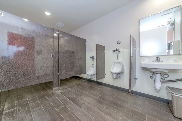 Bathroom, Dual Sink Vanities, Glass Shower, Interior, Recessed Lighting, Wood Texture Flooring