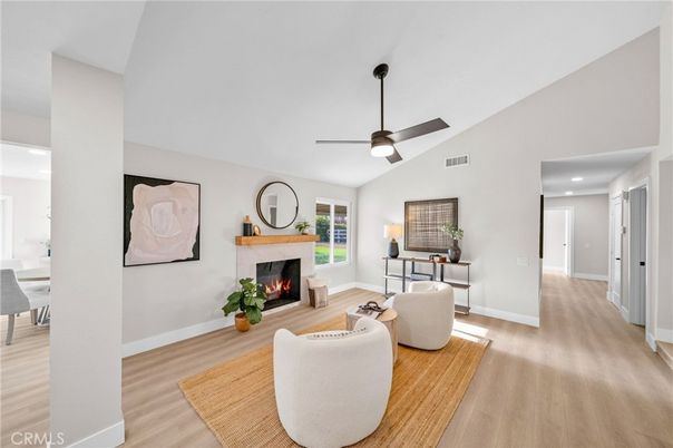 Fireplace, Interior, Living room, Recessed Lighting, Wood Texture Flooring