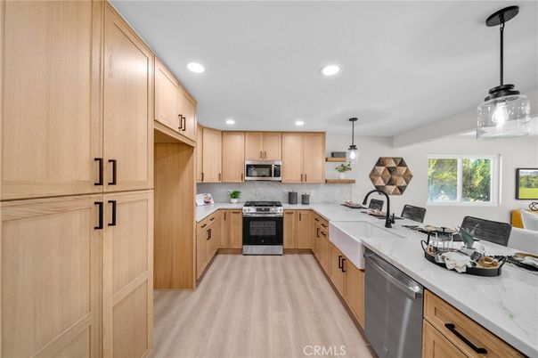 Interior, Kitchen, Pendant Lights, Recessed Lighting, Stainless Steel Appliances, Wood Texture Flooring