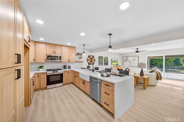 Interior, Kitchen, Pendant Lights, Recessed Lighting, Stainless Steel Appliances, Wood Texture Flooring