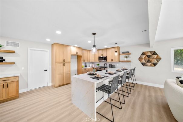 Interior, Kitchen, Pendant Lights, Recessed Lighting, Wood Texture Flooring
