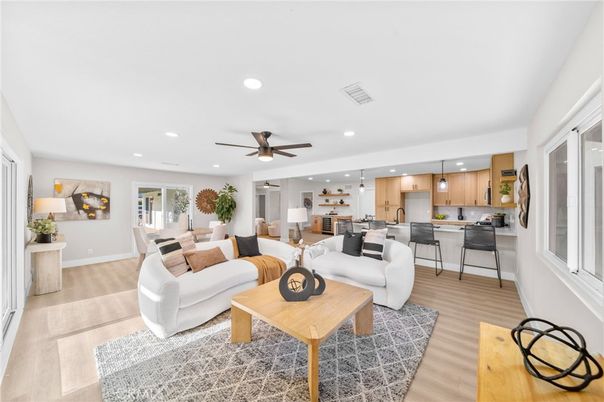 Dining room, Interior, Kitchen, Living room, Pendant Lights, Recessed Lighting, Wood Texture Flooring