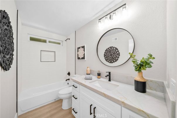 Bathroom, Dual Sink Vanities, Interior, Tile Countertops, Wood Texture Flooring
