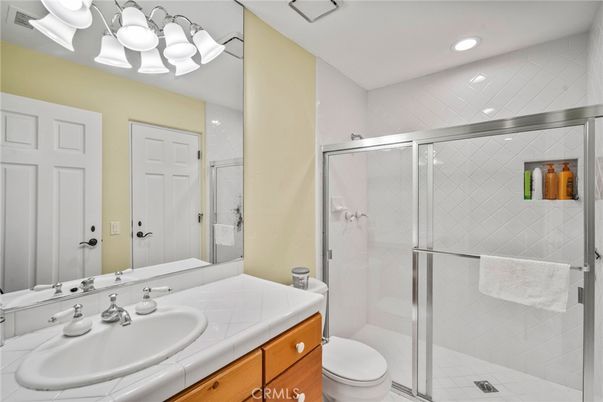 Bathroom, Glass Shower, Interior, Recessed Lighting, Tile Countertops