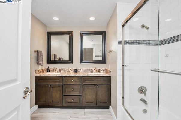 Bathroom, Dual Sink Vanities, Glass Shower, Interior, Recessed Lighting